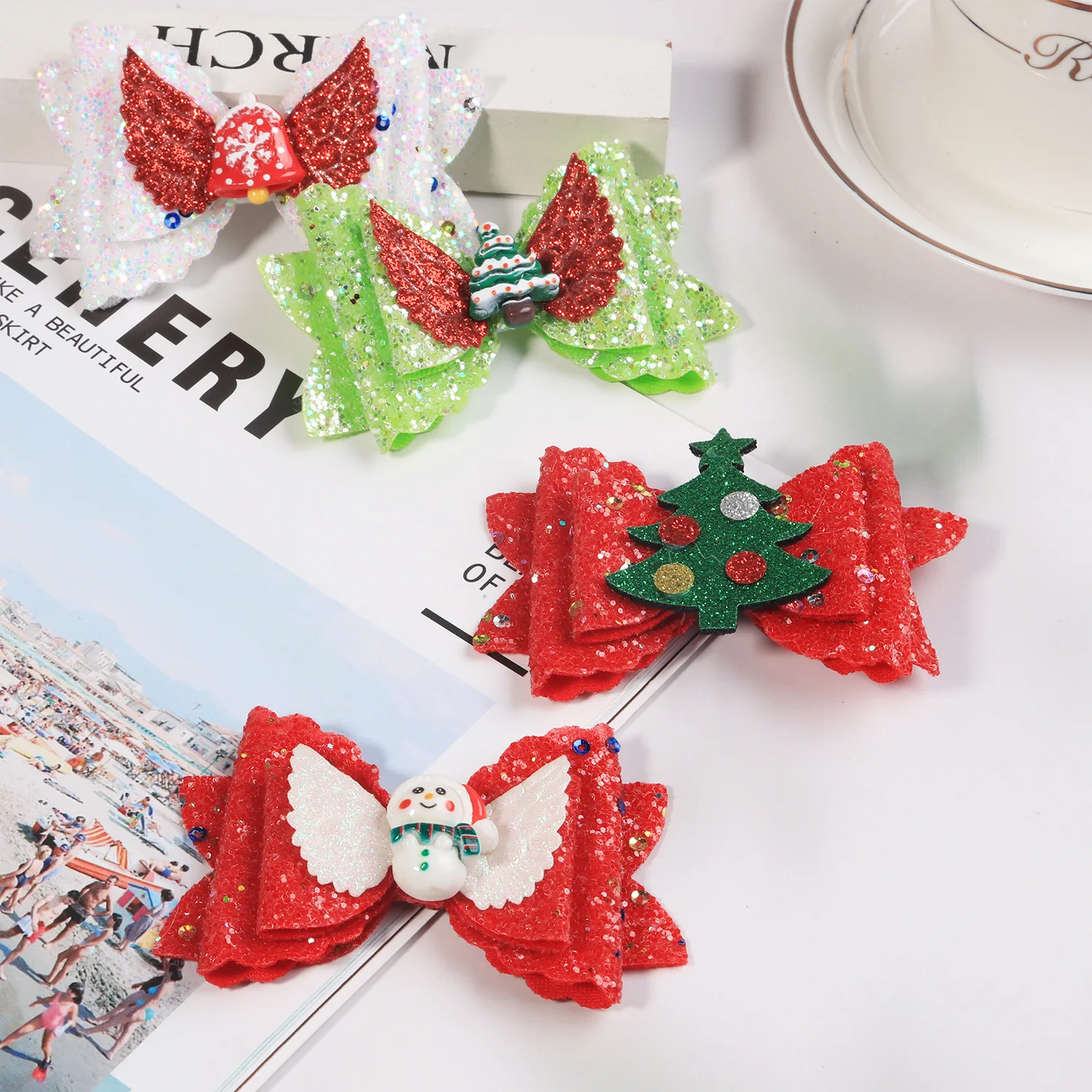 10 قطع من مشابك الشعر اللامعة والترتر اللامع على شكل فيونكة، مجموعة إكسسوارات حفلات عيد الميلاد للنساء والفتيات