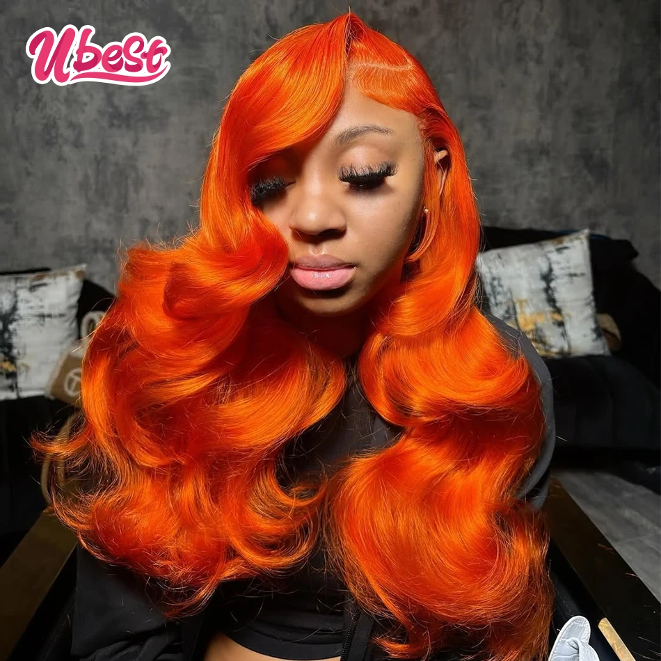 

Tangerine Colored Cosplay Body Wave 13x6 Lace Front Wigs Brazilian 100％ Human Hair Transparent Remy Wig Pre Plucked For Women