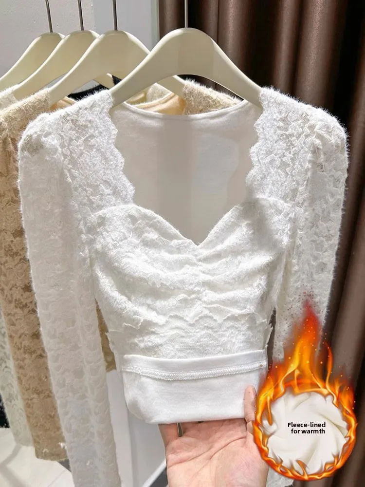 

Женская утепленная флисовая блузка с рюшами на рукавах и кружевной отделкой, осенне-зимняя, с квадратным воротником, сетчатая, с эффектом утяжки на талии