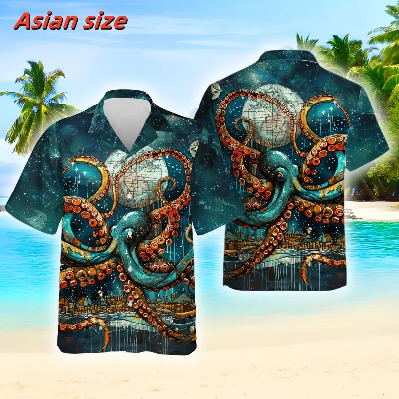 Mysterious Tentacle Pattern Hawaiian Shirt For Men Marine Life 3D Print Blouse Summer Loose Short Sleeve Lapel Tops Aloha Shirts