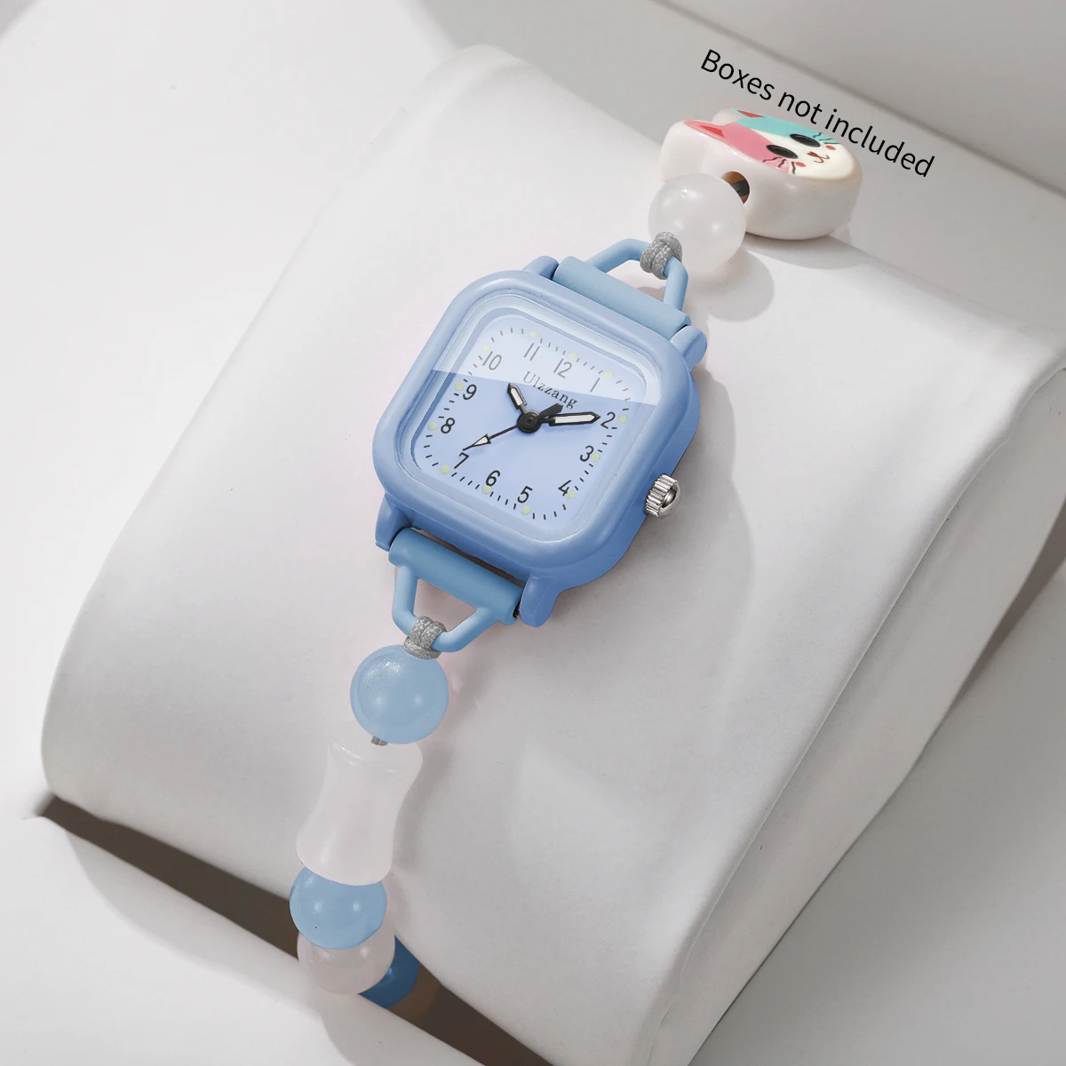 Cute Square Women Watches Cartoon Cat Charm Beaded Bracelet Girls Fashion Quartz Wristwatch Relogio Feminino (Without Box)