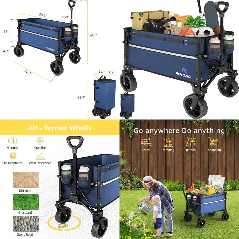 

Heavy-Duty Collapsible Utility Wagon with Wheels for Outdoor, Garden, and Shopping (Navy Blue, 120L)