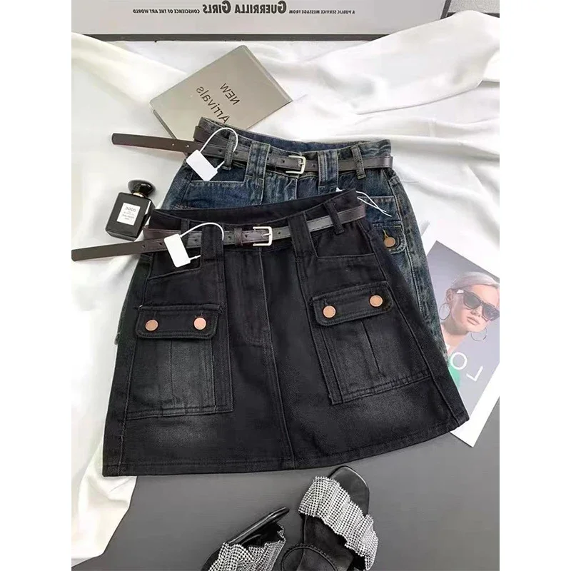 MEXZT Cargo Denim Mini Skirt Women Vintage Black Hip Wrap Jeans Skirts Streetwear Korean High Waist Slim Design A Line Faldas