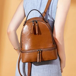 Women Backpack School Book Bag Genuine Leather Travel Fashion Design Retro Oil Wax Cowhide Female Girls Laptop Daypack Backpacks