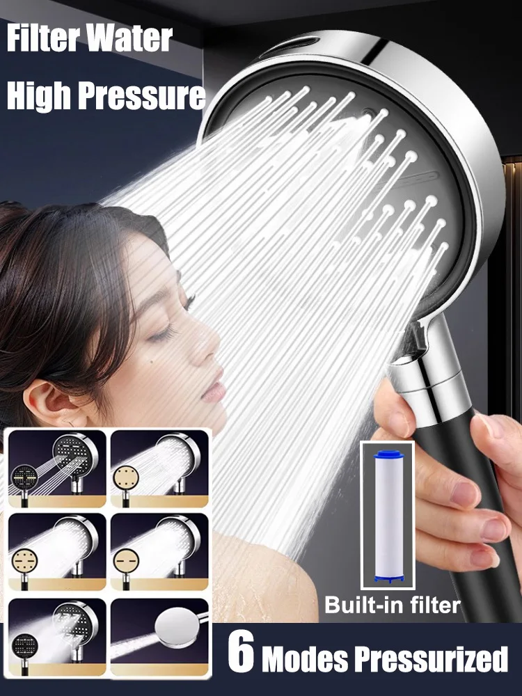 

New High Pressure Water Saving Filter Shower Head 6 Modes Handheld Showerhead Large Flow Massage Shower Bathroom Accessories Set