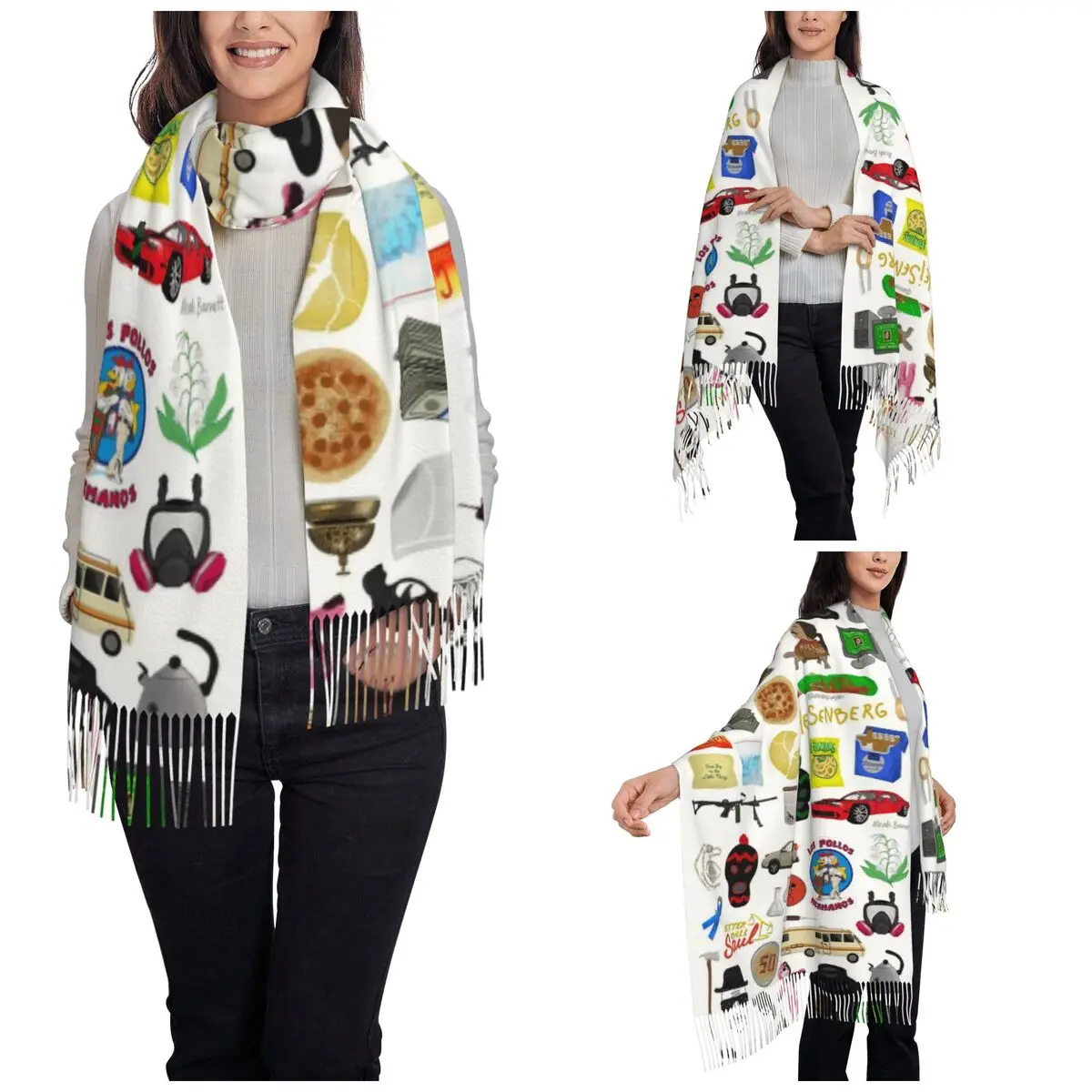Breaking Bad Collage Drawing Shawls Wraps for Ladies Warm Large Soft Scarf Pashmina Tassel Scarves