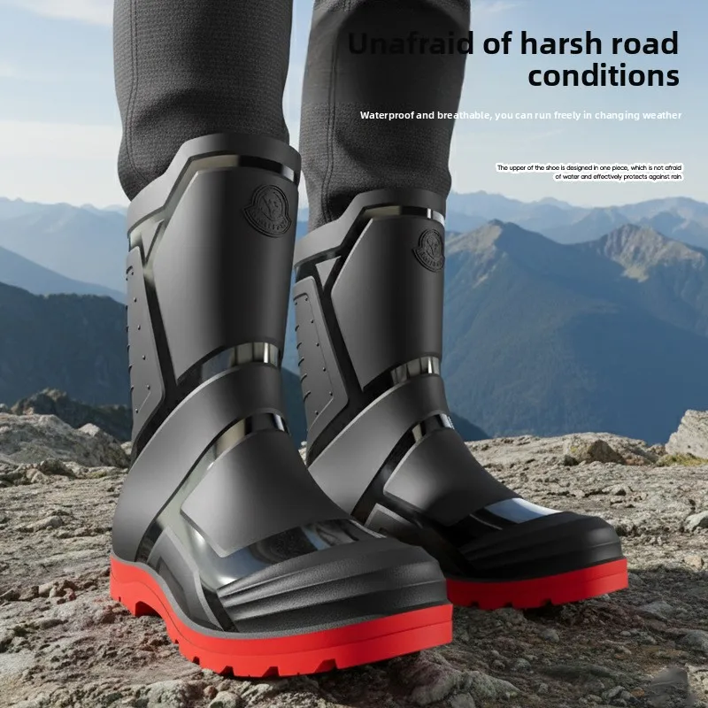 Trendy and Fashionable Men's Black and Red Medium and High Rain Boots Outdoor Extra Large Size Black Anti-fouling Water Boots