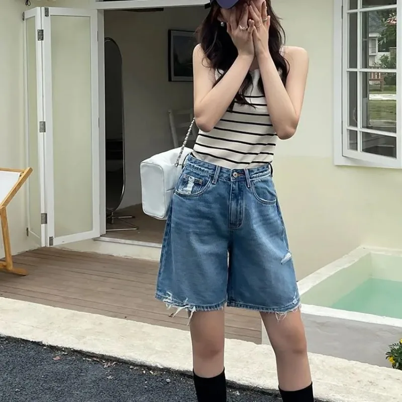

Women's High Waist Ripped Denim Shorts Loose Casual 5-Point Pants