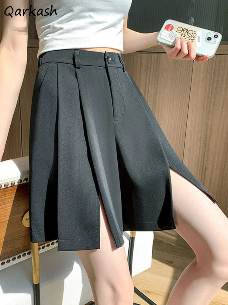 

Shorts Women Split Folds High Waist Cool Streetwear Unisex OL Soft Lazy Style Ulzzang Temper Loose Wide Leg Solid Retro Summer