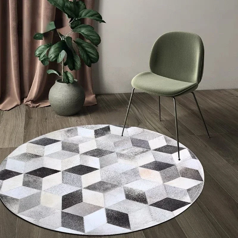 

2023 New Modern Grey Cowhide Patchwork Carpet with 3D Cube Combination Natural Cowhide Leather Carpet Round Floor Mat