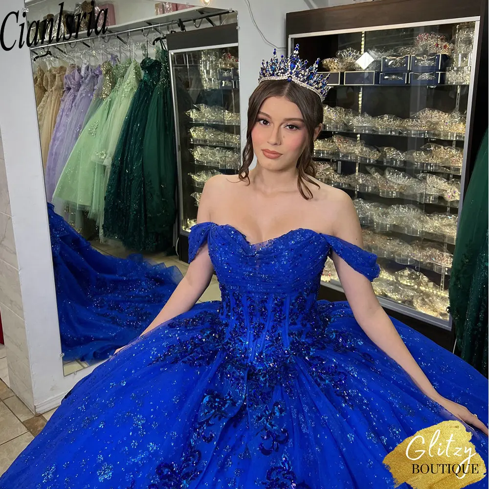 Royal fora do ombro babados vestido de baile, cristal lantejoulas renda espartilho, vestidos Quinceanera, azul royal, 15 anos