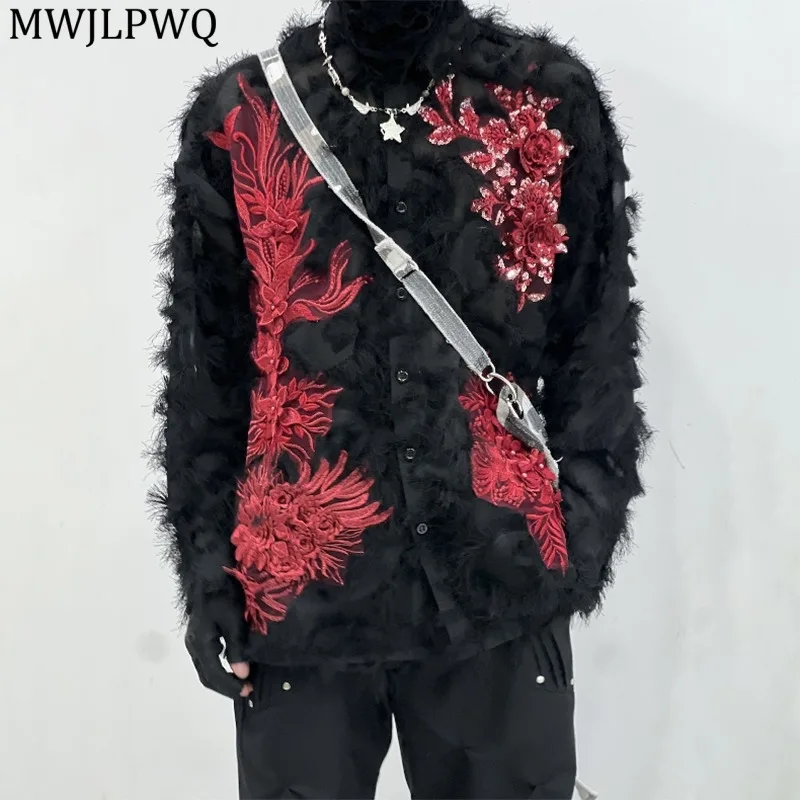 

MWJLPWQ Tassels Flower Design Black Long Sleeve Shirt Unisex High Street Single Breasted Male Loose Casual Tops New 2025 11664