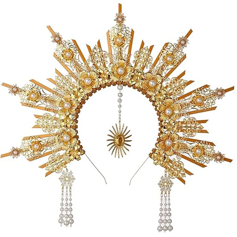 MATERIAL  PACKAGE Sunburst Goddess Gold Spike Mary Halo Crown Headpiece NYLON ZIP TIE Wedding Bride Hair Band Tiar