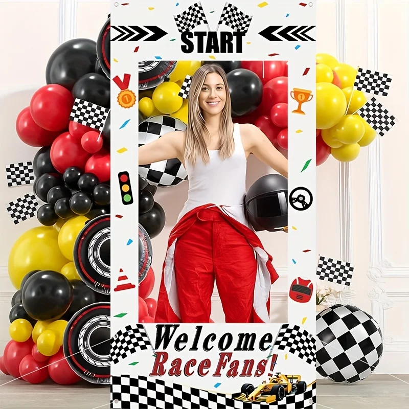 1p, Racing Car Photo Booth Frame Banner, Black & White Grid Racing Car Birthday Party Photo Booth Frame Backdrop Cloth Banner