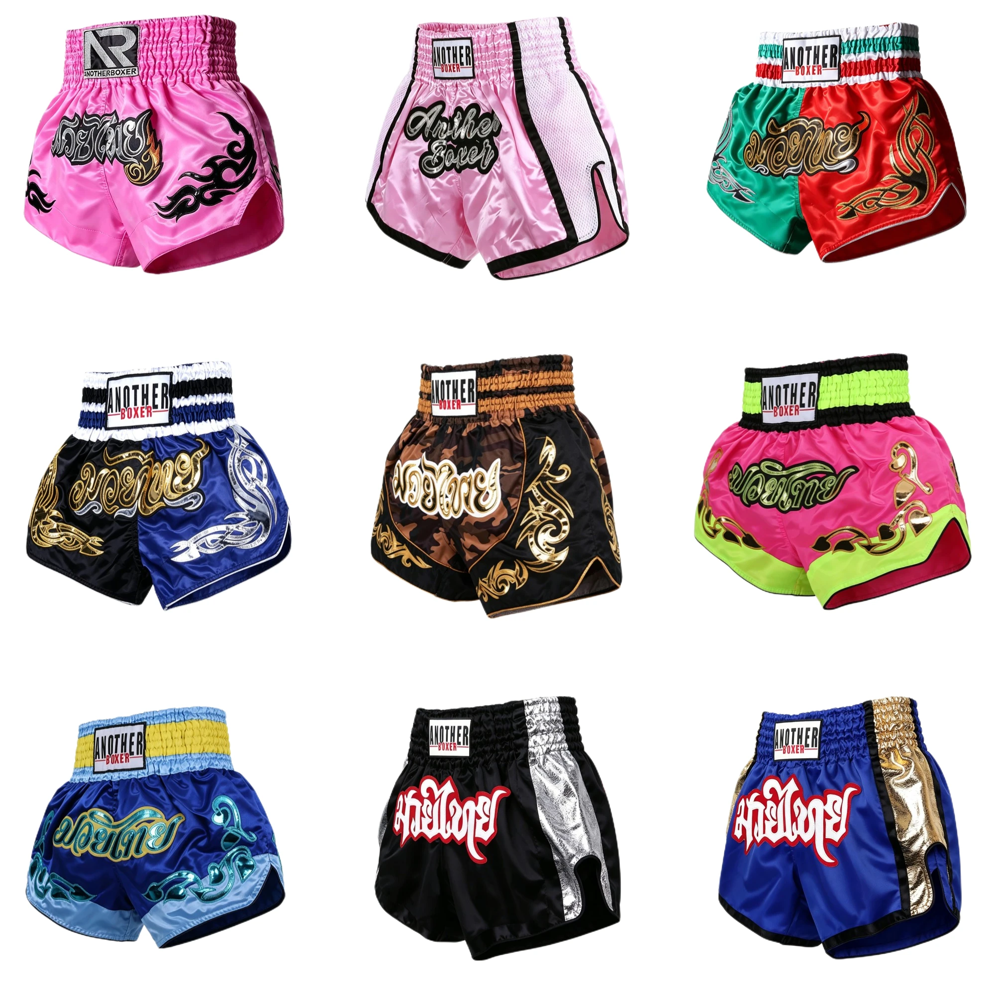 Klassische Muay Thai Shorts für Herren, Damen und Kinder, Satin-Stickerei, Kickbox-Shorts, BJJ Grappling MMA Kampfshorts mit Seitenschlitz