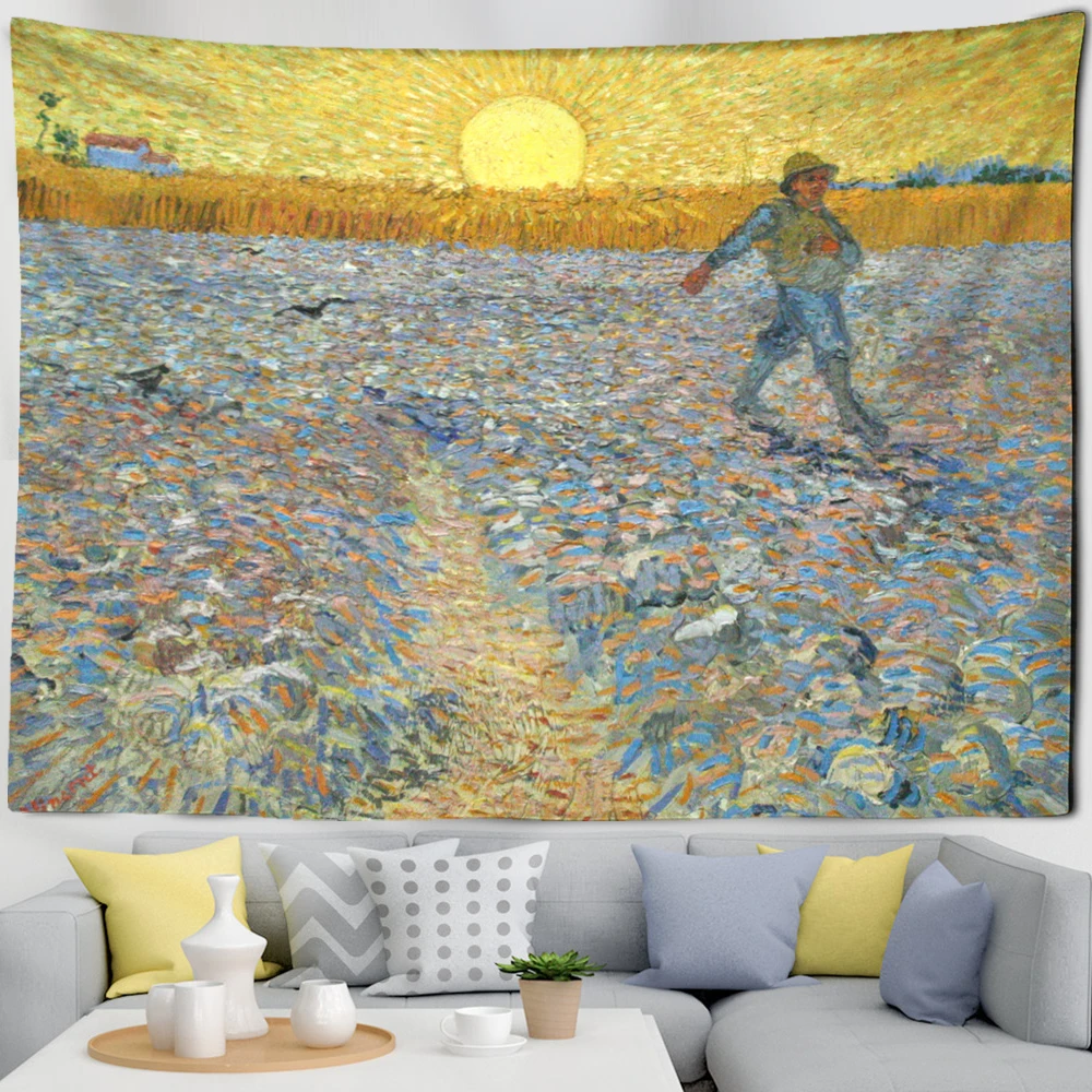 Riverside Forest Architecture Tapestry Wall Hanging Hippie Tapiz Art Landscape Van Gogh Oil Painting Bedroom Home Decor