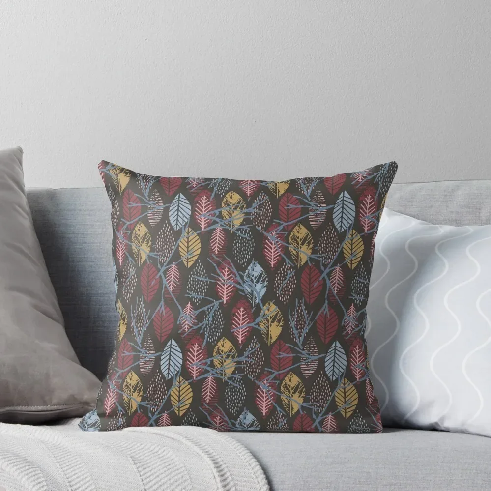 

Autumn pink blue brown hand painted leaves Throw Pillow Couch Cushions Pillow