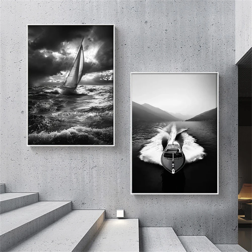 Black White Ocean Sailboat Canvas Wall Art Vintage Marine Vessel Print, Coastal Living Room Bedroom Home Wall Decor Art Poster