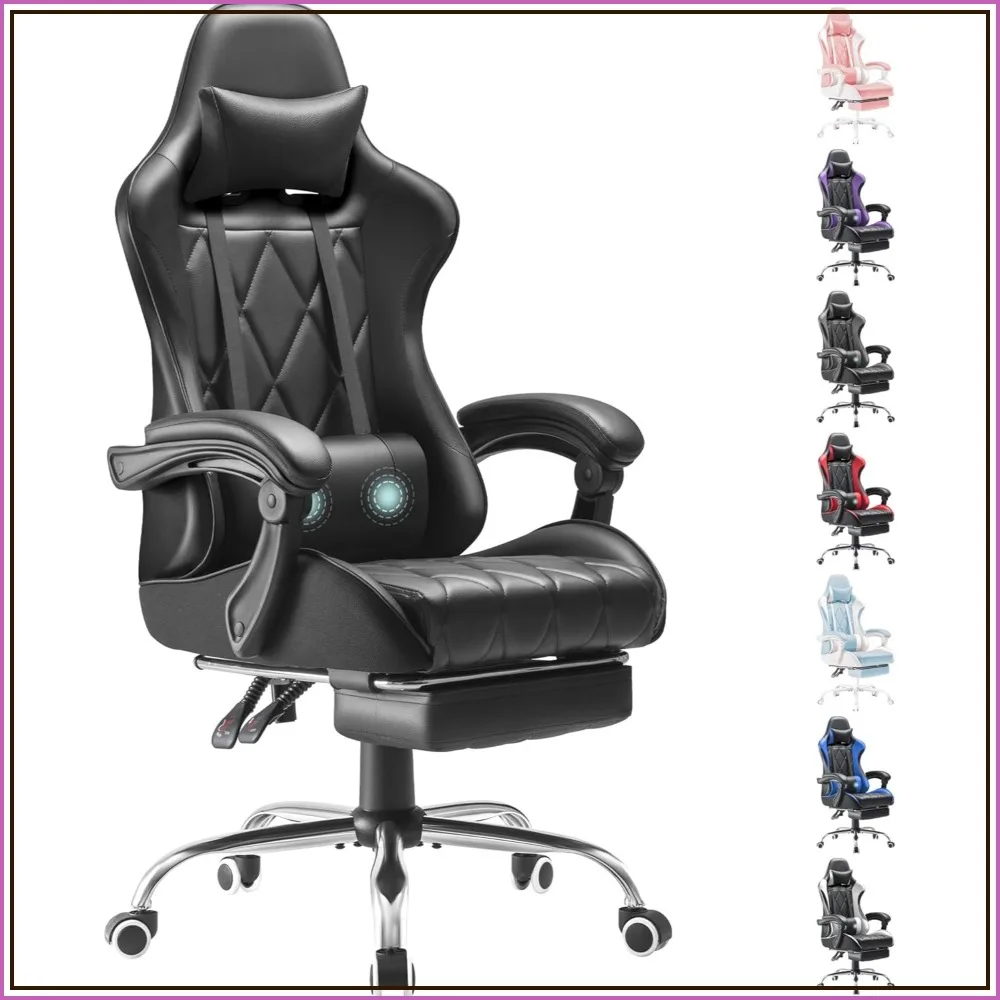 Ergonomic Gaming Chair with Massage Lumbar Support and Footrest, Black Office Chair