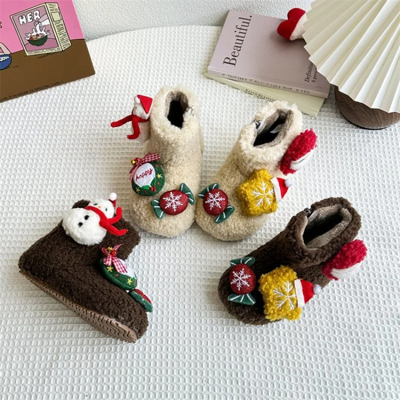 

Kids'Casual Boots Cotton Boots Christmas Winter Shoes For Children Anti-slip Warm Velcro Brown Off-white Shoes Size 21-30
