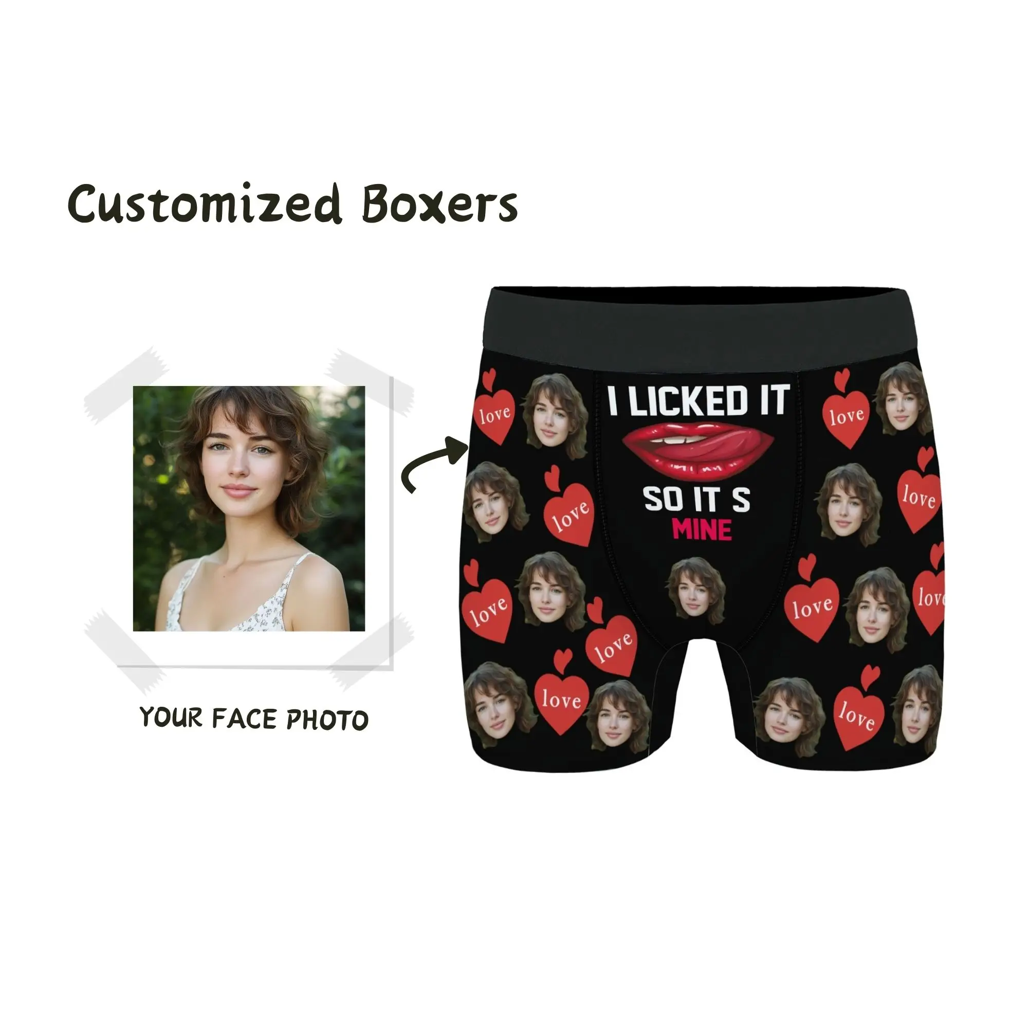 

Custom Face Men's Boxer Briefs Black with Red Heart & "love" Print Red Lip Hilarious Marriage Anniversary Gift for Husband