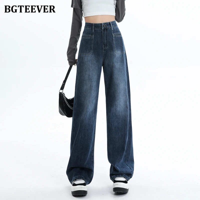 

BGTEEVER Autumn Winter Fashion Ladies Pockets Straight Jeans Casual High Waist Loose Women Floor-Length Wide Leg Denim Pants