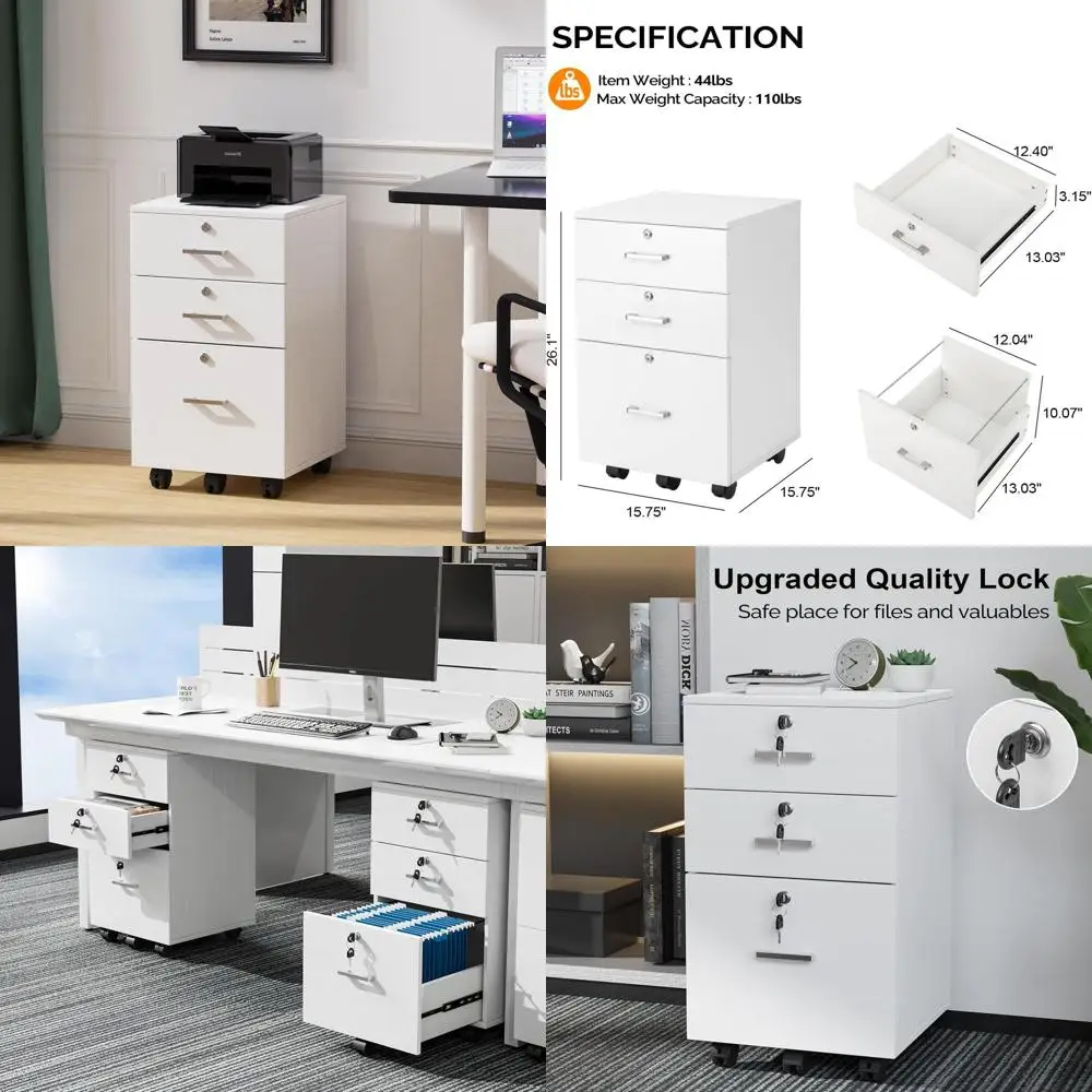 

White Wooden 3-Drawer Lockable File Cabinet with Casters for Home Office, Mobile Printer Stand, and Letter Size File Storage