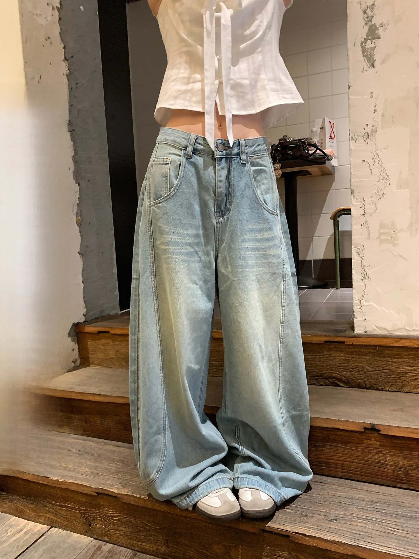 Blue High Waist Wide Leg Jeans Women's Vintage Washed Loose Straight Casual Pants Autumn Fashion Commute Style Ladies Jeans