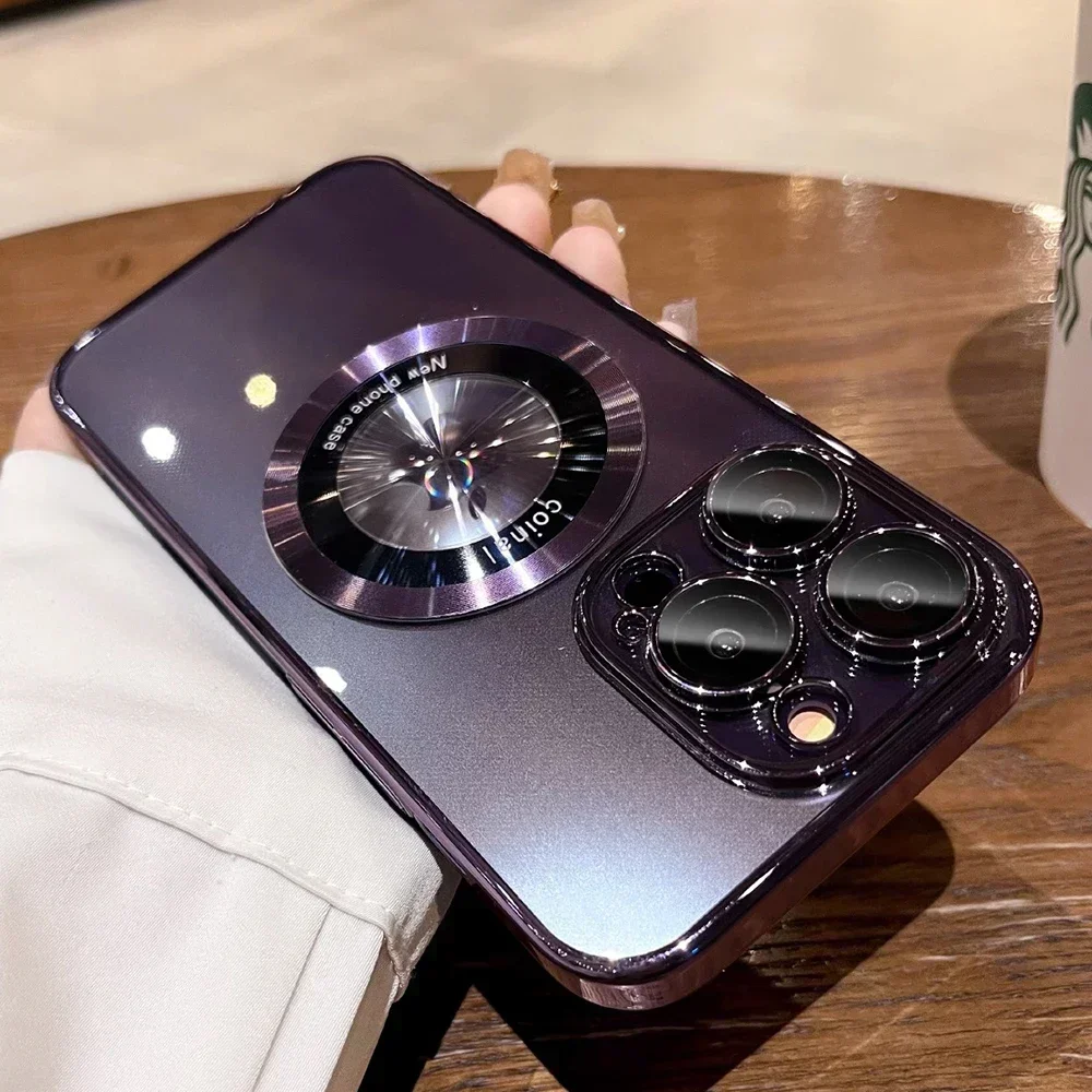 Caixa magnética magsafe para o iphone da maçã, carga sem fio, tampa transparente do telefone, chapeamento luxuoso, 15, 14 mais, 13, 12, 11 pro max