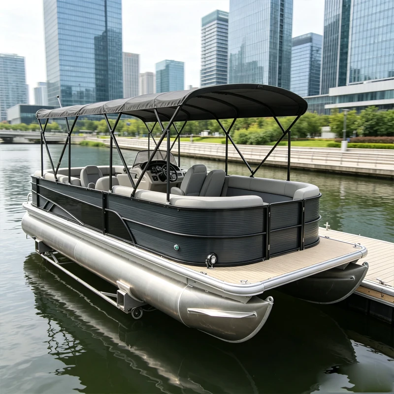 Modern Design Black Pontoon Boat With Anti-Slip Deck And Storage Customized