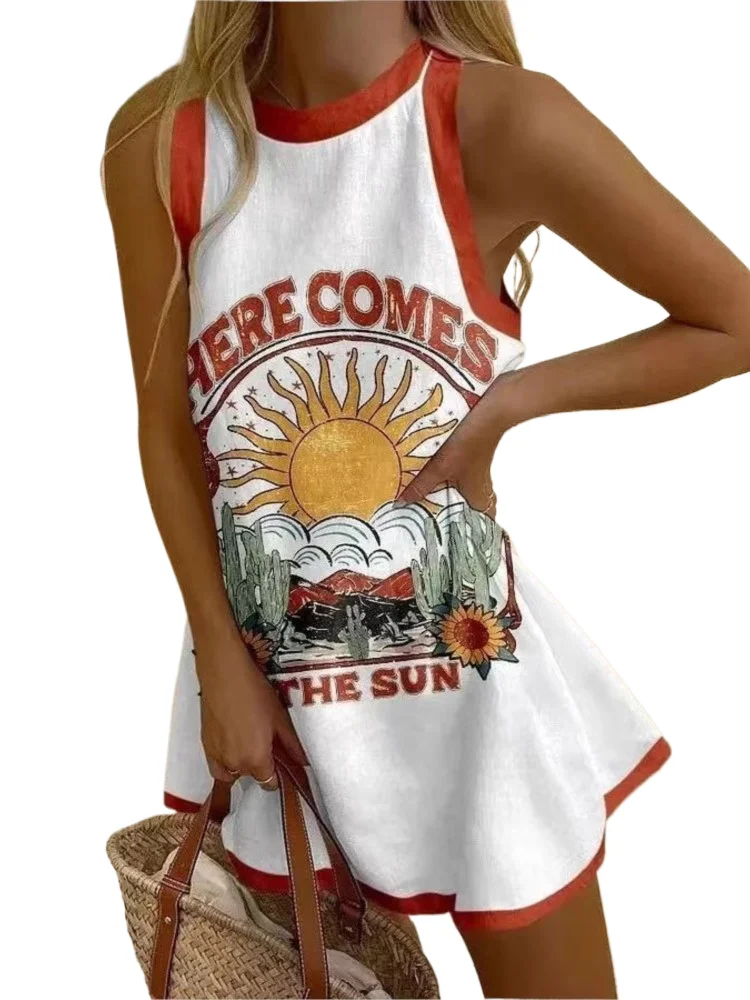 

Women's Casual Print Dress Fashion Sleeveless O Neck Pullover Mini Dresses For Women Holiday Beach Skirts Womens Clothing Summer