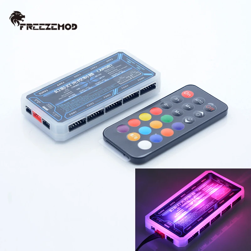 FREEZEMOD Computer Water Cooling 5V 3Pin Light Aurora RGB Remote Control Hub 1-10 Fans Splitter CH-YKKZ-JX with Motherboard Sync