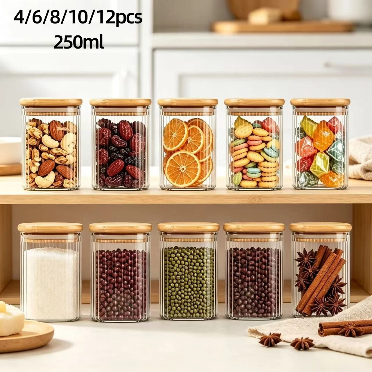 4/6/8/10/12 Pcs, Square Striped Glass Storage Jars with Bamboo Lids, 250ml Glass Jars, Airtight Food Containers, Suitable for Pantry, Kitchen Spices, Nuts, Candies, and Dry Goods Storage