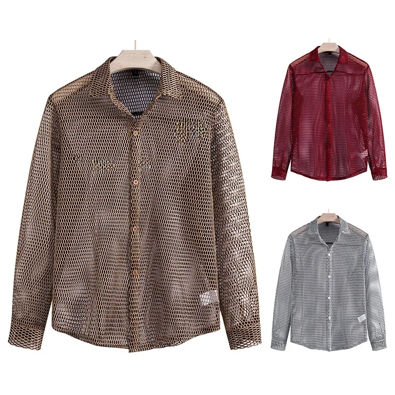 

Рубашка для выступлений Wang Yibo: прозрачная, с длинными рукавами, сетчатыми вставками, кофейного цвета, для ночных клубов, для брейк-данса, в уличном стиле