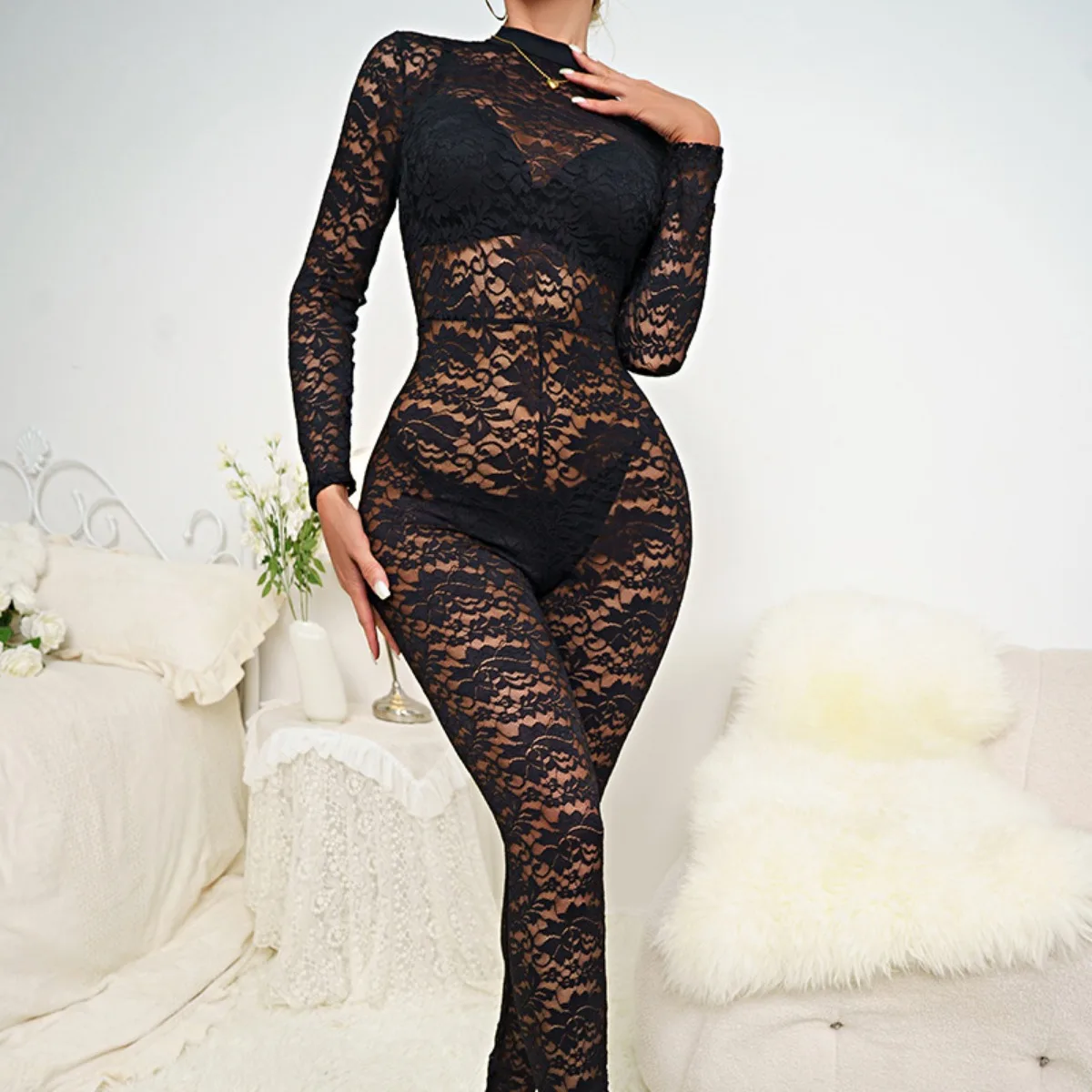 Fashion Full Length Black Lace Sexy Jumpsuits Y2k Overalls Coquette 2000s Transparent Romper Party Club Corset Guipure Jumpsuit