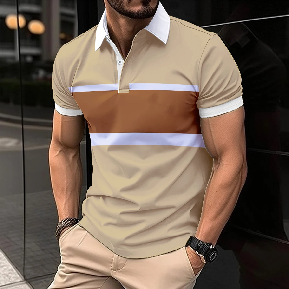 2024 Summer Men\'s Best-Selling Polo Shirt Splicing Color Contrast Style Striped Printed Shirt Sports Leisure Lapel Button Men\'s