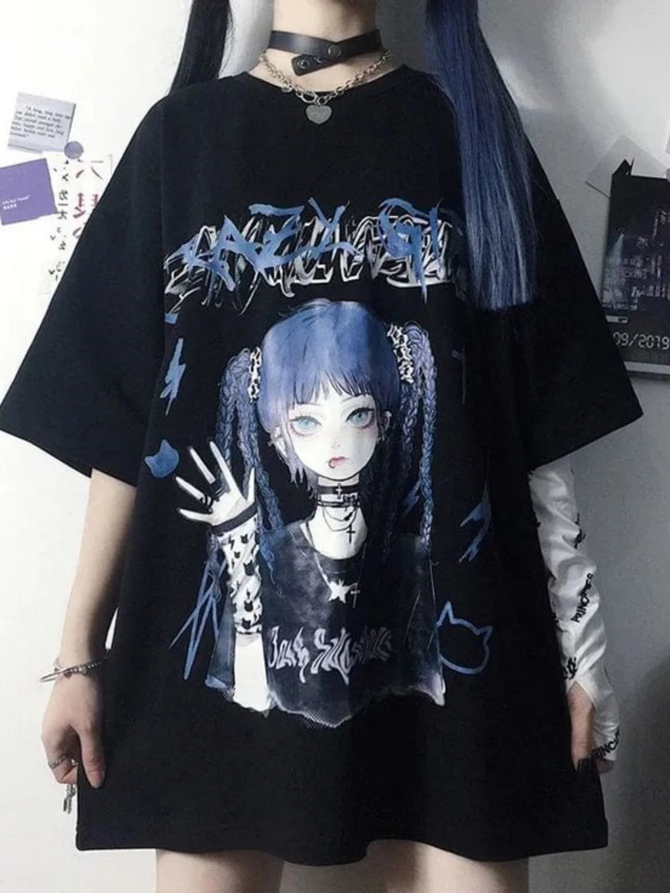 2026 Women's Directional Anime Girl Pattern Print Round Neck Off Shoulder Print T-shirt