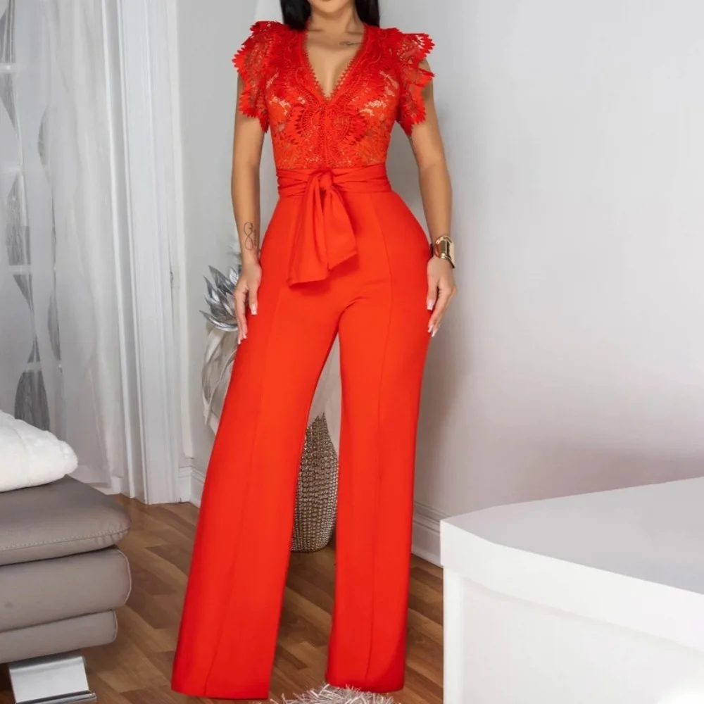 HLJ Fashion Lace Embrodiay Patchwork Wide Legs Jumpsuits Women Short Sleeve V-neck One Piece  Rompers Female Streetwear Overalls