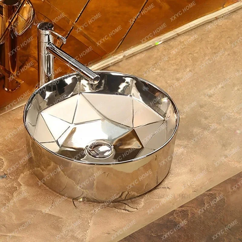 

Golden Electroplated Round Washbasins Light Luxury Bathroom Sinks Creative Ceramic Above Counter Basin Toilet Washing Sink