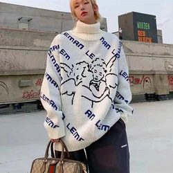 Thick Winter Turtleneck Oversized Sweaters Men High Street European Angel Letter Graphic Pullover Hip Hop Kawaii Clothes Couples