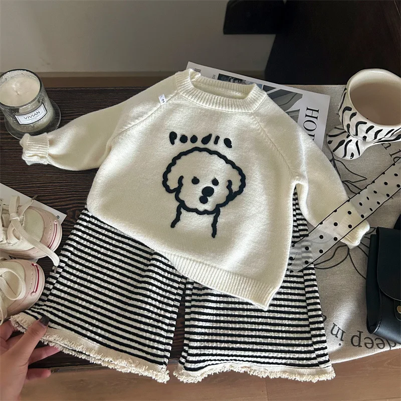 Children's Clothing New Autumn Girls Cartoon Puppy Knitted Sweater Striped Frayed Casual Pants Two-piece Set