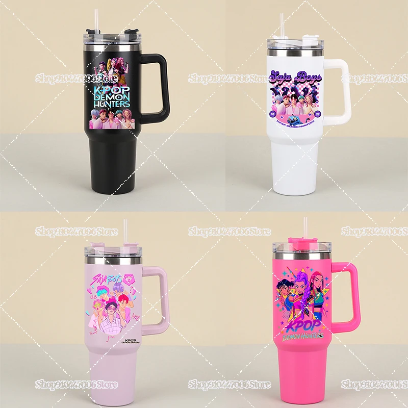 

Kpopdemon Hunters Изолированная чашка из нержавеющей стали 304, 40 унций с ручкой, высококачественная бутылка для воды из соломы для льда, устойчивая к высоким температурам