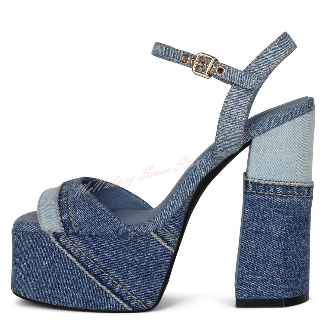 Denim Patchwork Open Toe Sandals High Platform Buckles Strap Thick High Heels Sandals Women Sexy Summer Party Designer Shoes