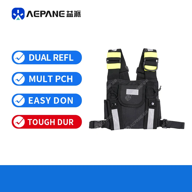 AEPANE Tactical Walkie Talkie Chest Rig Bag Reflective Strips Adjustable Radio Carrier Vest for Outdoor Work Hiking