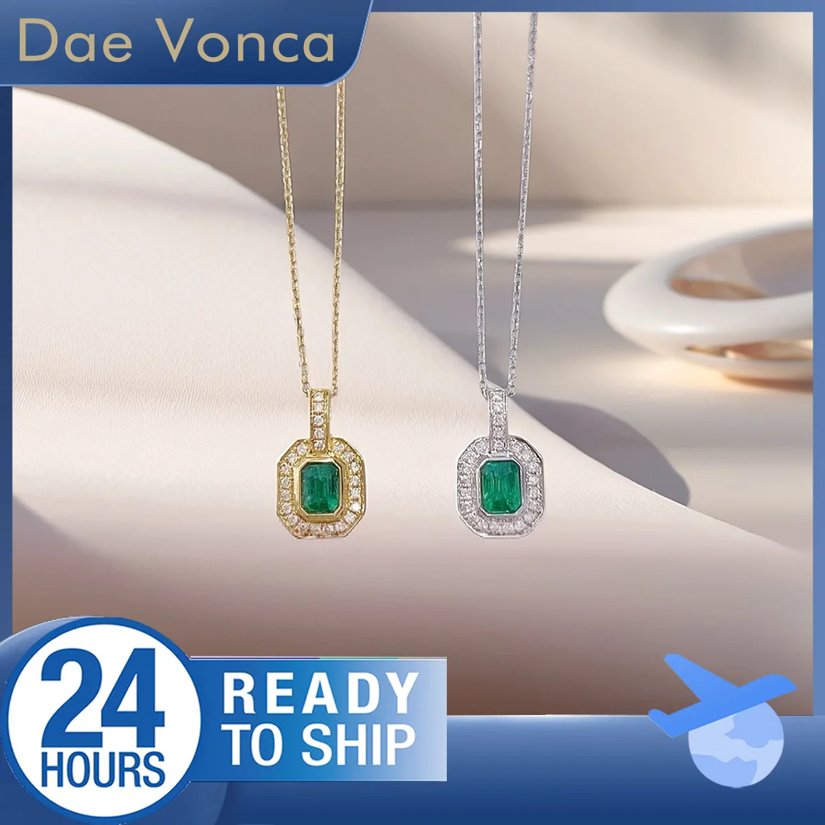 

Emerald Cut Natural Emerald Necklace Accented by Round Diamond Necklace 18K White/Yellow Gold Halo Pendant Necklace For Women
