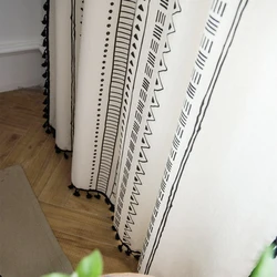 Linen Blending Geometry Curtains Road Pocket Shade Curtain Tassel for Kitchen Bedroom Living Room Bay Window Cabinet Curtain