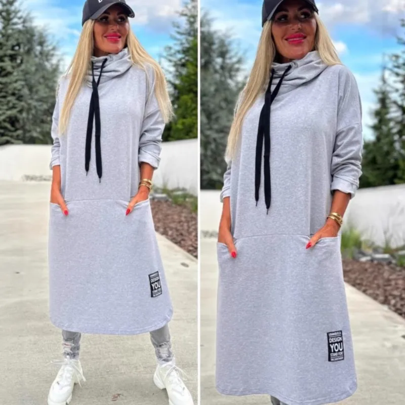 

New Fashion Hooded Sweatshirt Dress Women Autumn/Winter Casual Long Sleeve Pocket Solid Color Loose Long Hoodies Top Female