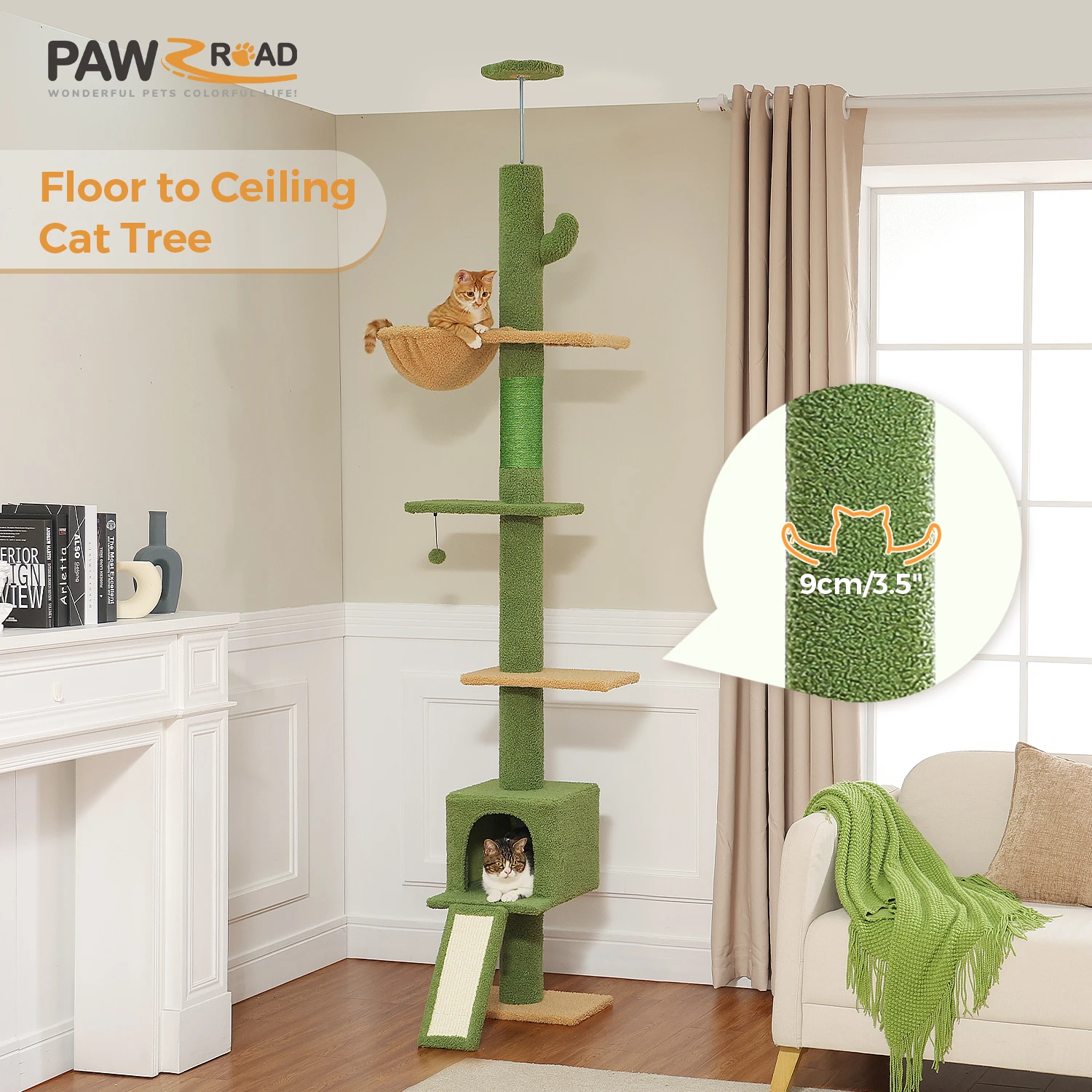 5 Tiers Floor to Ceiling Cat Tree Tower Climbing Tree Adjustable Height  for Indoor Cats with Condo Scratching Post Ladders