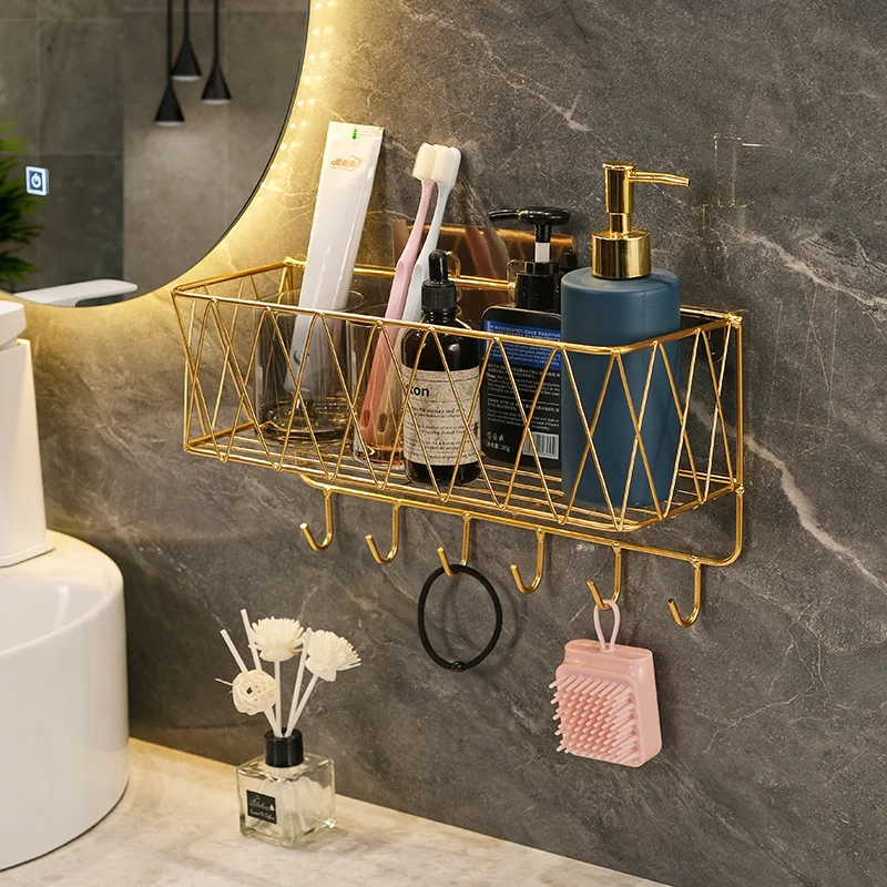 Bathroom Shelf Wall Mounted No Drill Shampoo Shelves Floating Holder Storage Cosmetic Basket Rack Organize Bathroom Accessories