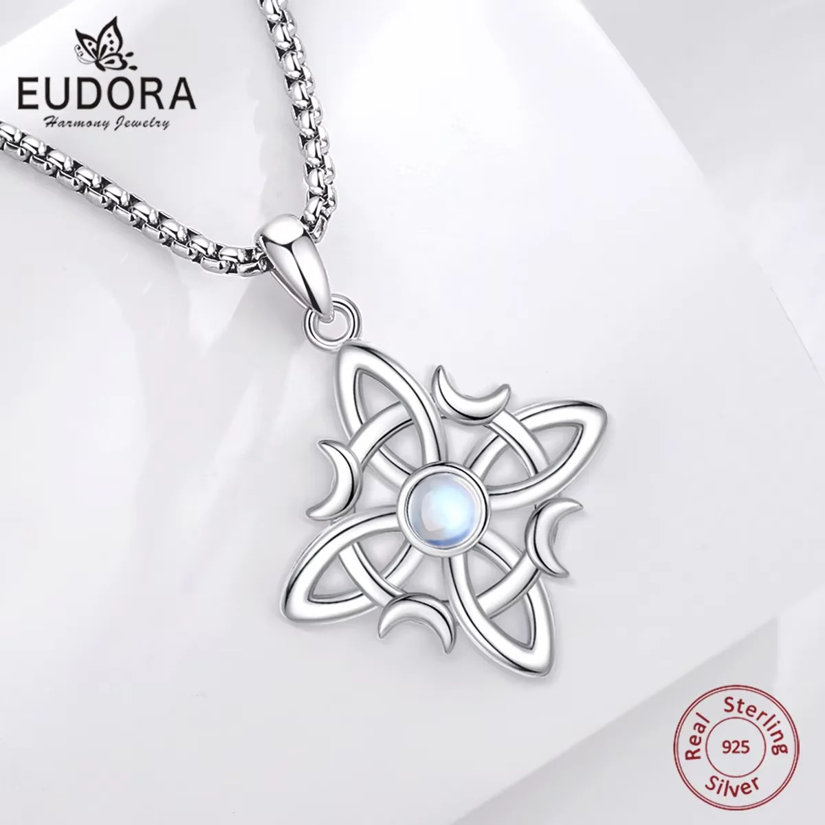 Eudora Nudo de Bruja Plata 925 Original Witches Knot Necklaces for Women Moonstone Celtic Knot Amulet Pendant Wicca Jewelry GIft